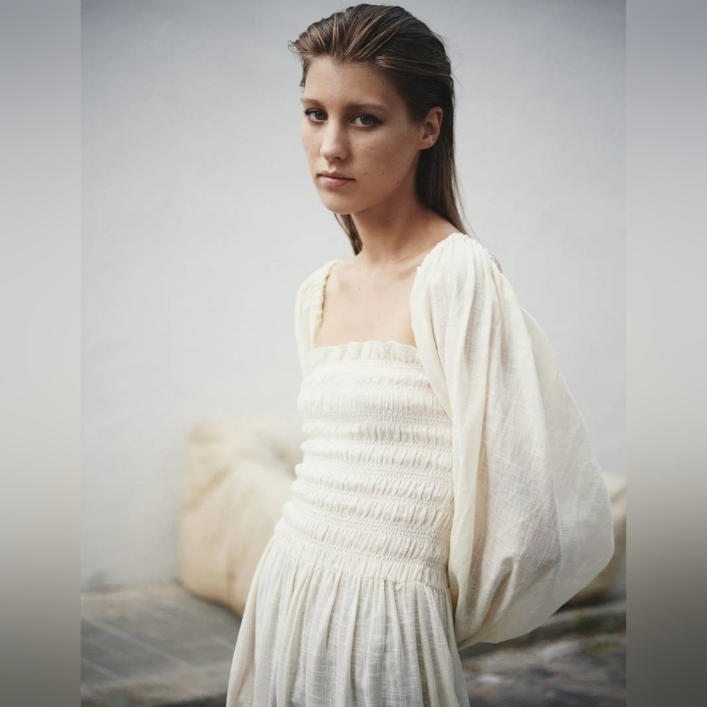 Smocked Square-Neck Midi Dress in Ivory